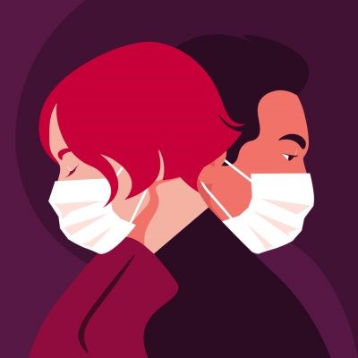 Graphic - wife and husband with masks divorcing during pandemic
