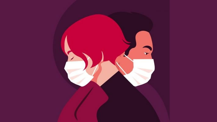 Graphic - wife and husband with masks divorcing during pandemic.